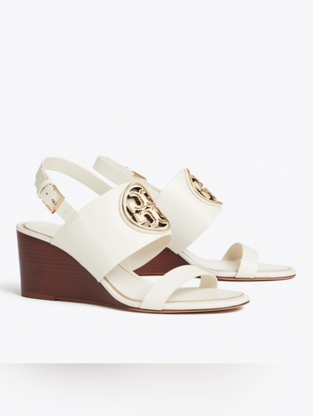 Tory Burch Metal Miller Wedge Heel Sandals White/Gold Size 7